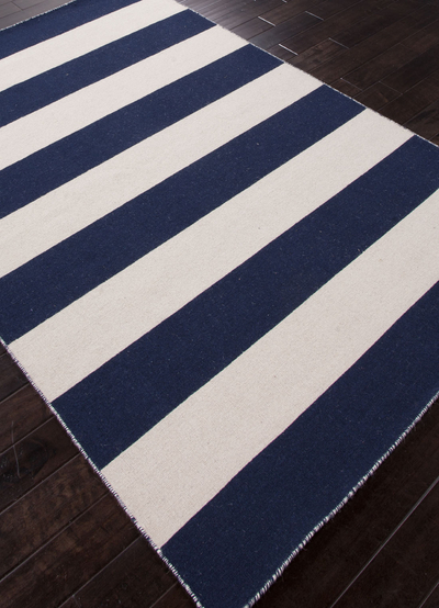 Alfombra con estampado de rayas de tejido plano - Alfombra de 100 % lana con rayas azul oscuro y marfil de tejido plano
