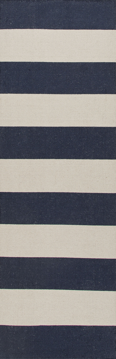 Flachgewebter Teppich mit Streifenmuster - Flachgewebter dunkelblauer und elfenbeinfarbener Streifenteppich aus 100 % Wolle