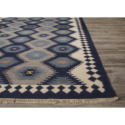 Flat-weave tribal blue/gray wool area rug, 'Admiral' - Flat-Weave Tribal Blue/Gray Wool Area Rug