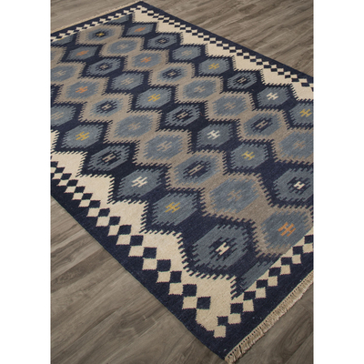 Flat-weave tribal blue/gray wool area rug, 'Admiral' - Flat-Weave Tribal Blue/Gray Wool Area Rug