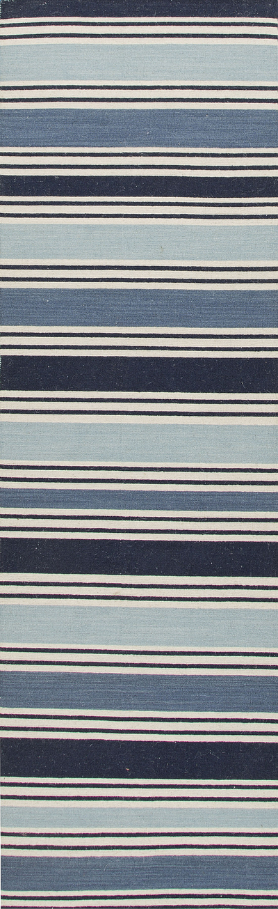 Flat-weave stripe blue/ivory wool area rug, 'Blue Nautica' - Flat-Weave Stripe Blue/Ivory Wool Area Rug