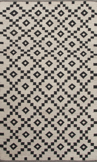 Flat-weave geometric ivory/black wool area rug, 'Cubic' - Flat-Weave Geometric Ivory/Black Wool Area Rug