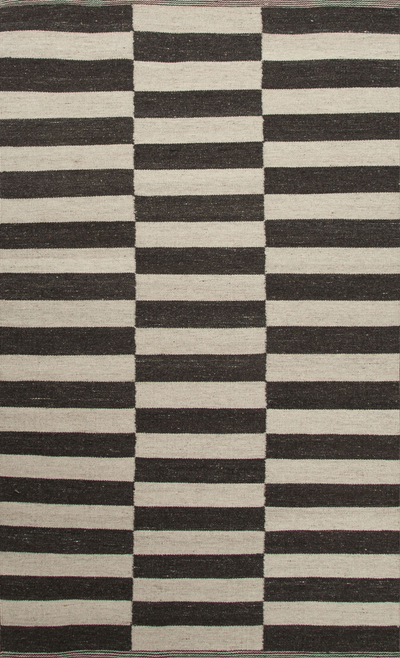 Flat Weave Geometric Ivory Black Wool, Black And White Stripe Flatweave Rugs