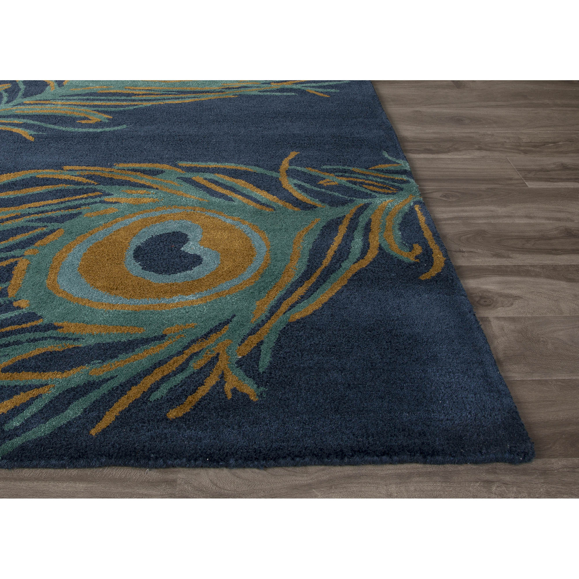 Modern Peacock Feather Print Blue Wool and Viscose Area Rug Blue