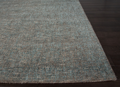 Teppich aus Wolle und Viskose-Chenille-Mischung, „Carres“ – handgewebter Woll-Rayon-Chenille-Teppich in einfarbigem Blau/Grau