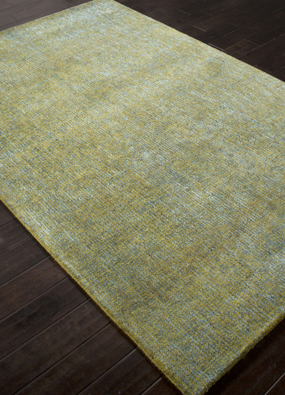 Teppich aus Woll- und Viskose-Chenille-Mischung, „Oan“ – handgewebter Woll-Rayon-Chenille-Teppich in einfarbigem Blau/Grün