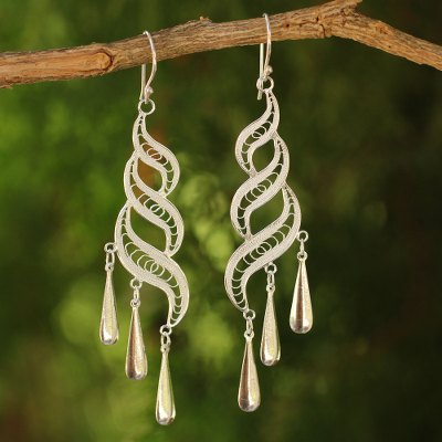 Sterling silver dangle earrings, 'Three Paths' - Sterling Silver Long Chandelier Earrings