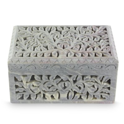 Soapstone jewelry box, 'Honeysuckle' - Handcarved Indian Artisan Jewelry Box