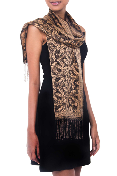 Silk batik scarf, 'Black Fern' - Artisan Womens Batik Silk Scarf