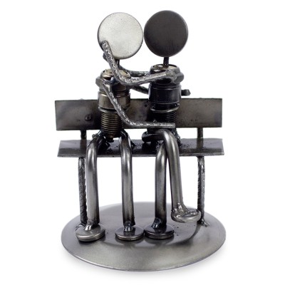 Iron statuette, 'Park Bench Sweethearts' - Artisan Recycled Metal Sculpture with Rustic Finish