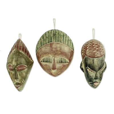 Wood ornaments, 'Three Kings' (set of 3) - Hand Carved African Mask Ornament Set