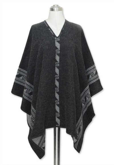Reversible alpaca blend poncho, 'Gray Black Glyphs' - Womens Reversible Alpaca Blend Peruvian Poncho