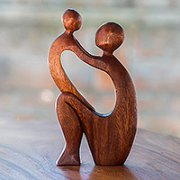 Wood statuette, 'I Adore You' - Artisan Hand Carved Mother and Child Modern Sculpture