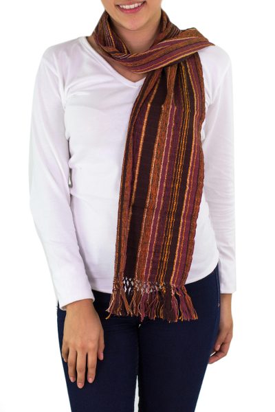 Cotton scarf, 'Maya Chocolate Shimmer' - Handwoven Scarf by Guatemalan Womens Collective