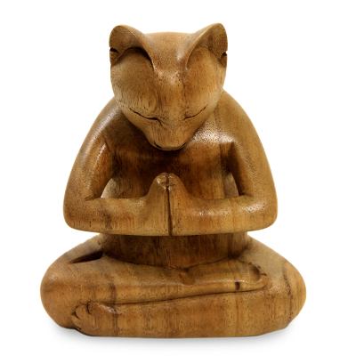 Wood sculpture, 'Kitty Cat Prayer' - Carved Suar Wood Sculpture