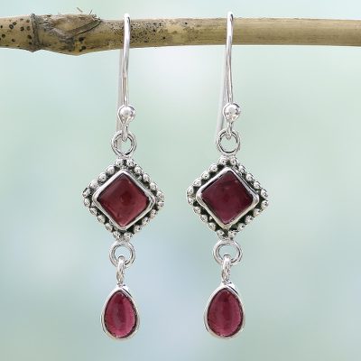 Garnet dangle earrings, 'Crimson Ice' - Garnet and Sterling Silver earrings