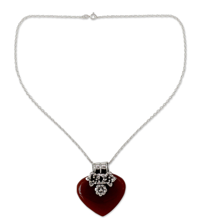 Carnelian heart necklace, 'Love Declared' - Carnelian and Sterling Silver Heart and Flowers Pendant Neck