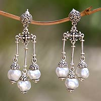 Cultured pearl chandelier earrings, 'Trinity in White' - Sterling Silver with Cultured Pearls Chandelier Earrings  
