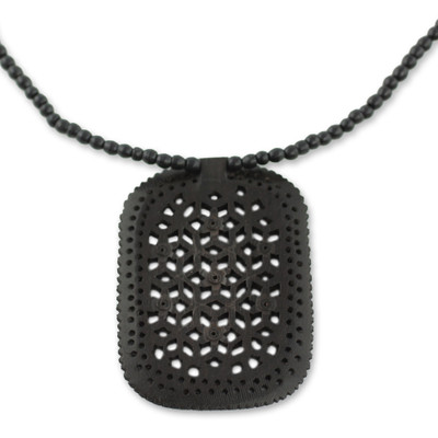 Ebony wood necklace, 'Loyal Mughal Enchantress' - Long Pendant Necklace Artisan Carved Black Wood