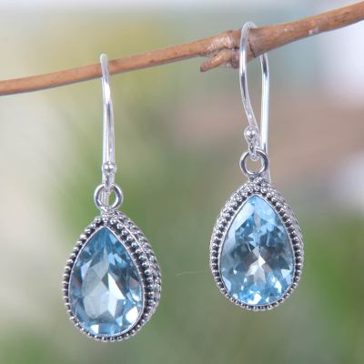 Blue topaz dangle earrings, 'Sparkling Dew' - Blue Topaz and Sterling Siver Contemporary Dangle Earrings