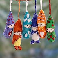 Wool felt ornaments, 'Snowbabies' (set of 6) - Set of 6 Handmade Wool Felt Holiday Ornaments from India