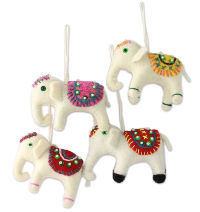 Wool ornaments, 'White Elephants' (set of 4) - Whimsical Non-Breakable Christmas Ornaments in Soft Fabric