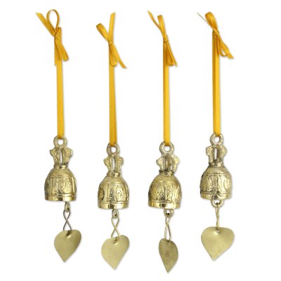 Brass ornaments, 'Buddhist Bells' (set of 4) - Brass Bell Ornaments