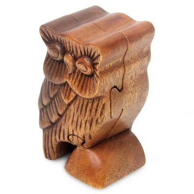 Wood puzzle box, 'The Owl's Secret' - Unique Hand Crafted Artisan Brown Wood Puzzle Box