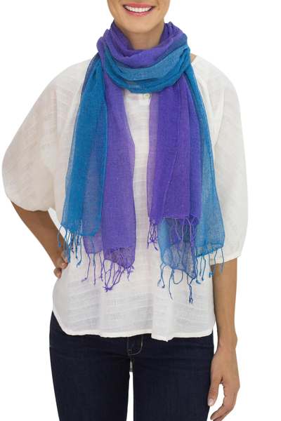 Silk scarves, 'Cool Stream' (pair) - Handmade Blue and Purple  Open Weave Silk Scarves 