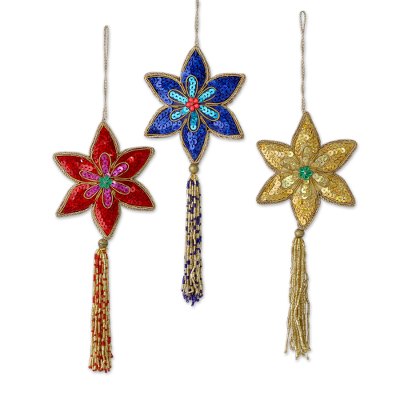 Beaded ornaments, 'Poinsettia' (set of 3) - Hand Beaded Multicolour Indian Ornament Set with Tassels