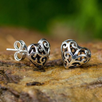 Sterling silver heart earrings, 'Tender Hearts' - Sterling Silver Heart Openwork Stud Earrings