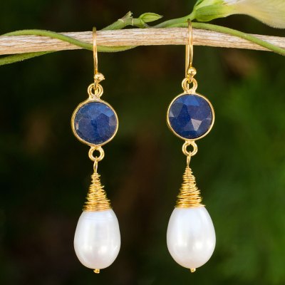 Gold plated cultured pearl and lapis lazuli dangle earrings, 'Midnight Moon' - Sapphire and Cultured Freshwater Pearl Earrings