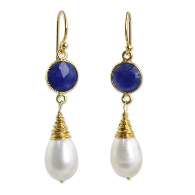 Gold plated cultured pearl and lapis lazuli dangle earrings, 'Midnight Moon' - Sapphire and Cultured Freshwater Pearl Earrings