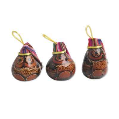 Dried mate gourd ornaments, 'Well-rounded Owls' (set of 3) - Christmas Ornaments