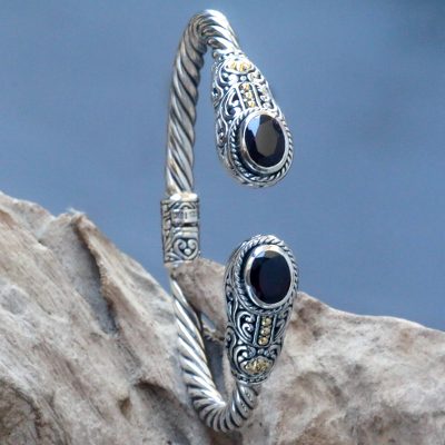Garnet cuff bracelet, 'Gelgel Empress' - Regal Garnet Cable Design Hinged Cuff Womens Bracelet