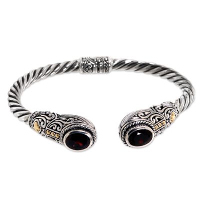 Garnet cuff bracelet, 'Gelgel Empress' - Regal Garnet Cable Design Hinged Cuff Womens Bracelet