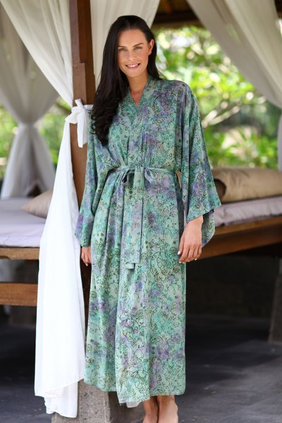 Batik robe, 'Misty Javanese Forest' - Batik Rayon Robe