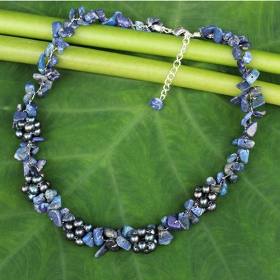 Lapis lazuli and cultured pearl beaded necklace, 'Heaven's Gift' - Thai Handmade Lapis Lazuli Necklace with Pearl Clusters