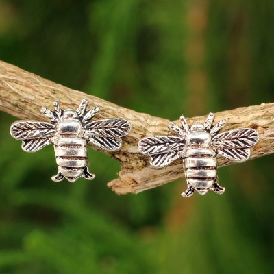 Sterling silver stud earrings, 'Honeybees in Flight' - Honeybee Sterling Silver Post Earrings