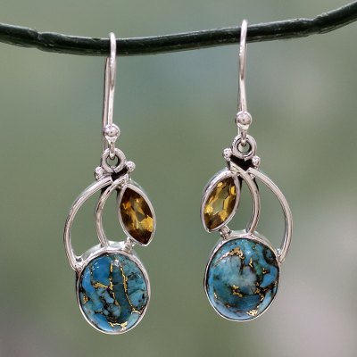 Citrine dangle earrings, 'Moonlight Mystique' - Turquoise and Citrine Sterling Silver Earrings