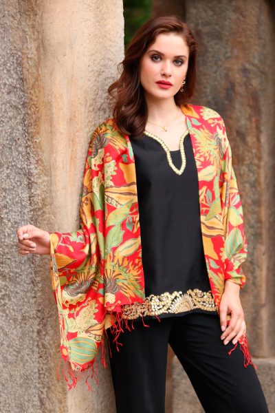 Rayon and silk blend shawl, 'Kashmir Blossom' - Colorful Floral Shawl Woven from Rayon and Silk Blend