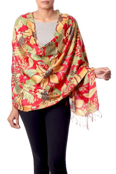 Rayon and silk blend shawl, 'Kashmir Blossom' - Colorful Floral Shawl Woven from Rayon and Silk Blend