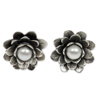 Pearl flower earrings, 'White-Eyed Lotus' - Floral Pearl and Sterling Silver Button Earrings