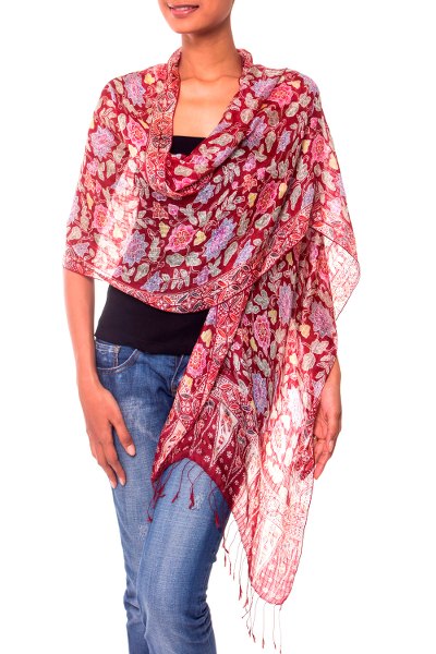 Silk batik shawl, 'Wine Garden' - Artisan Crafted Batik Silk Shawl Wrap