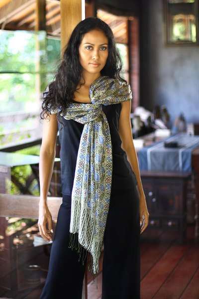 Silk batik shawl, 'Blue Floral Stars' - Indonesian Floral Silk Shawl
