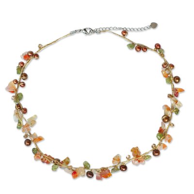 Pearl and carnelian strand necklace, 'Tropical Elite' - Beaded Carnelian and Pearl Necklace