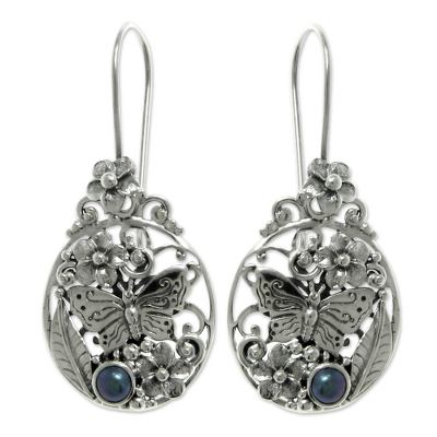 Cultured peacock pearl drop earrings, 'Frangipani Butterfly' - Sterling Silver and Pearl Drop Earrings