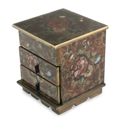 Painted glass jewelry box, 'Eternal Flowers' - Reverse Painted Glass Chest