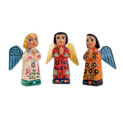 Wood figurines, 'Angelic Guardians of Peace' (set of 3) - Angelic Guardians of Peace Figurines