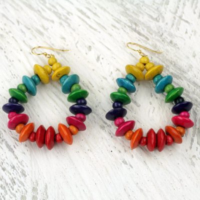 Wood dangle earrings, 'Joyous Celebration' - Colorful Fair Trade Beaded Wood Dangle Earrings